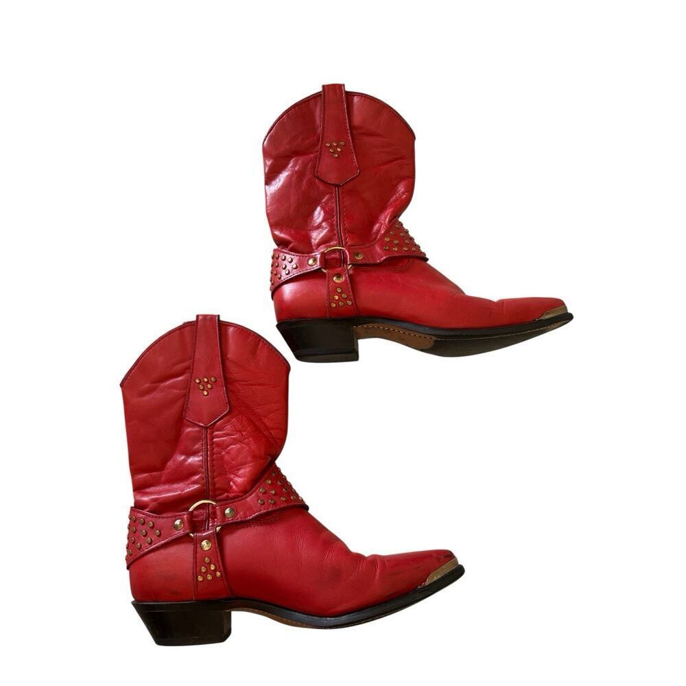 Wrangler Red Leather Studded Cowboy Hippie Boho Western Biker Boots 7.5M 80s 90s - Picture 6 of 12